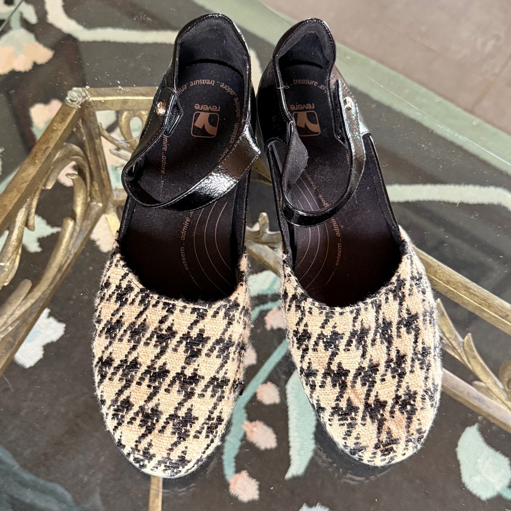 Revere Osaka Mary Jane Women 10 Black Houndstooth Excellent Patent Wedge Flat